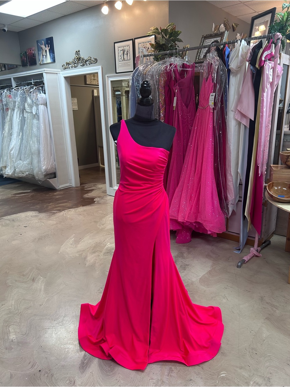 One-Shoulder Hot Pink Prom Gown with Front Slit